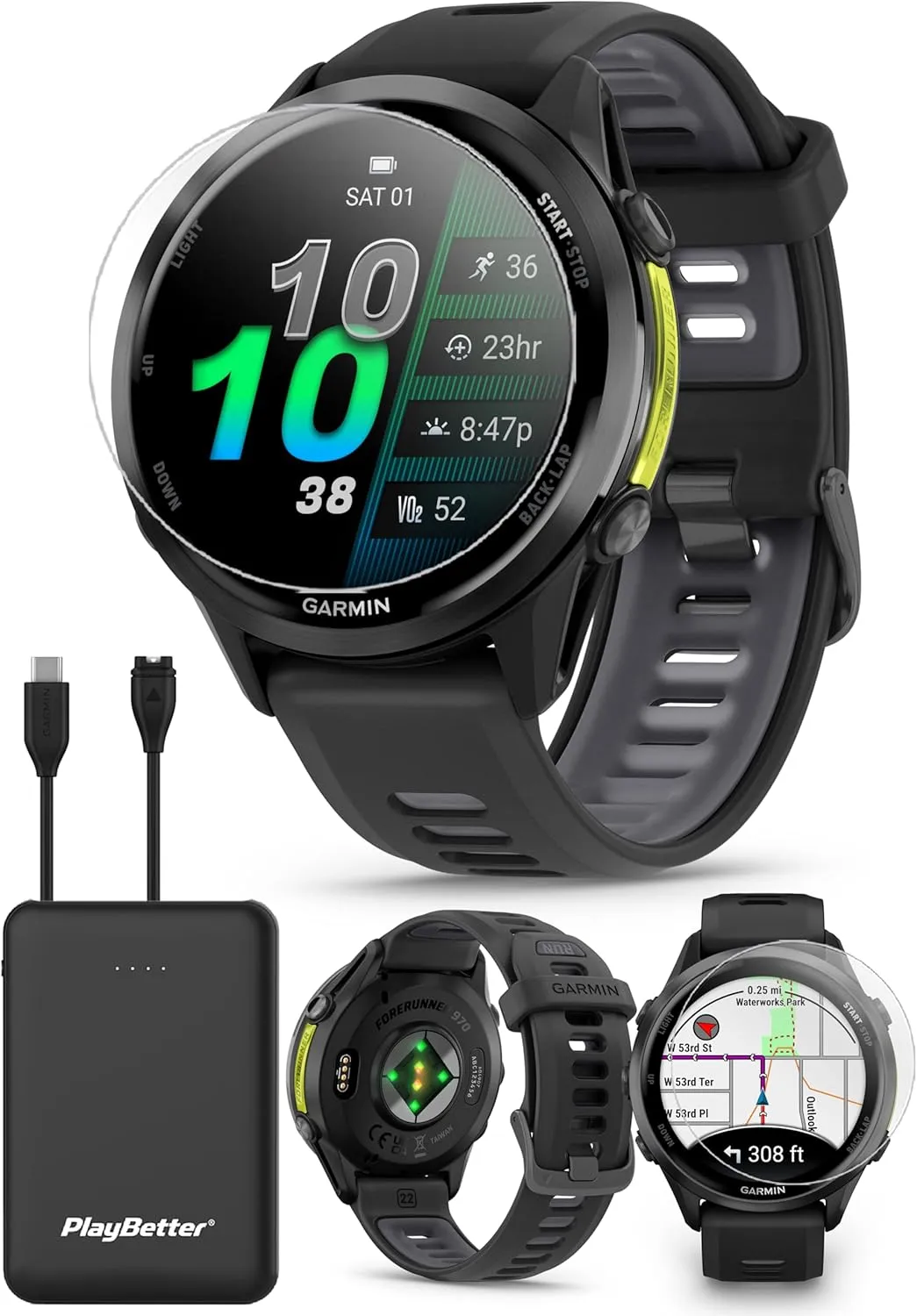 PlayBetter Garmin Forerunner 970 (Carbon Gray DLC Titanium/Black Translucent) Premium GPS Running & Triathlon Smartwatch Bundle - AMOLED, LED Flashlight Portable Charger & HD Screen Protectors