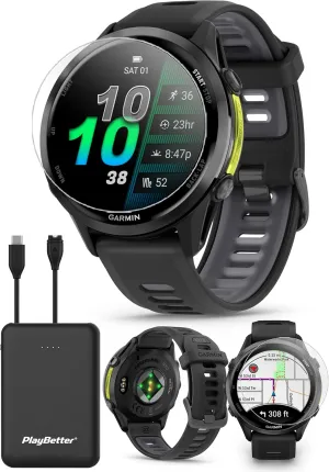 PlayBetter Garmin Forerunner 970 (Carbon Gray DLC Titanium/Black Translucent) Premium GPS Running & Triathlon Smartwatch Bundle - AMOLED, LED Flashlight Portable Charger & HD Screen Protectors
