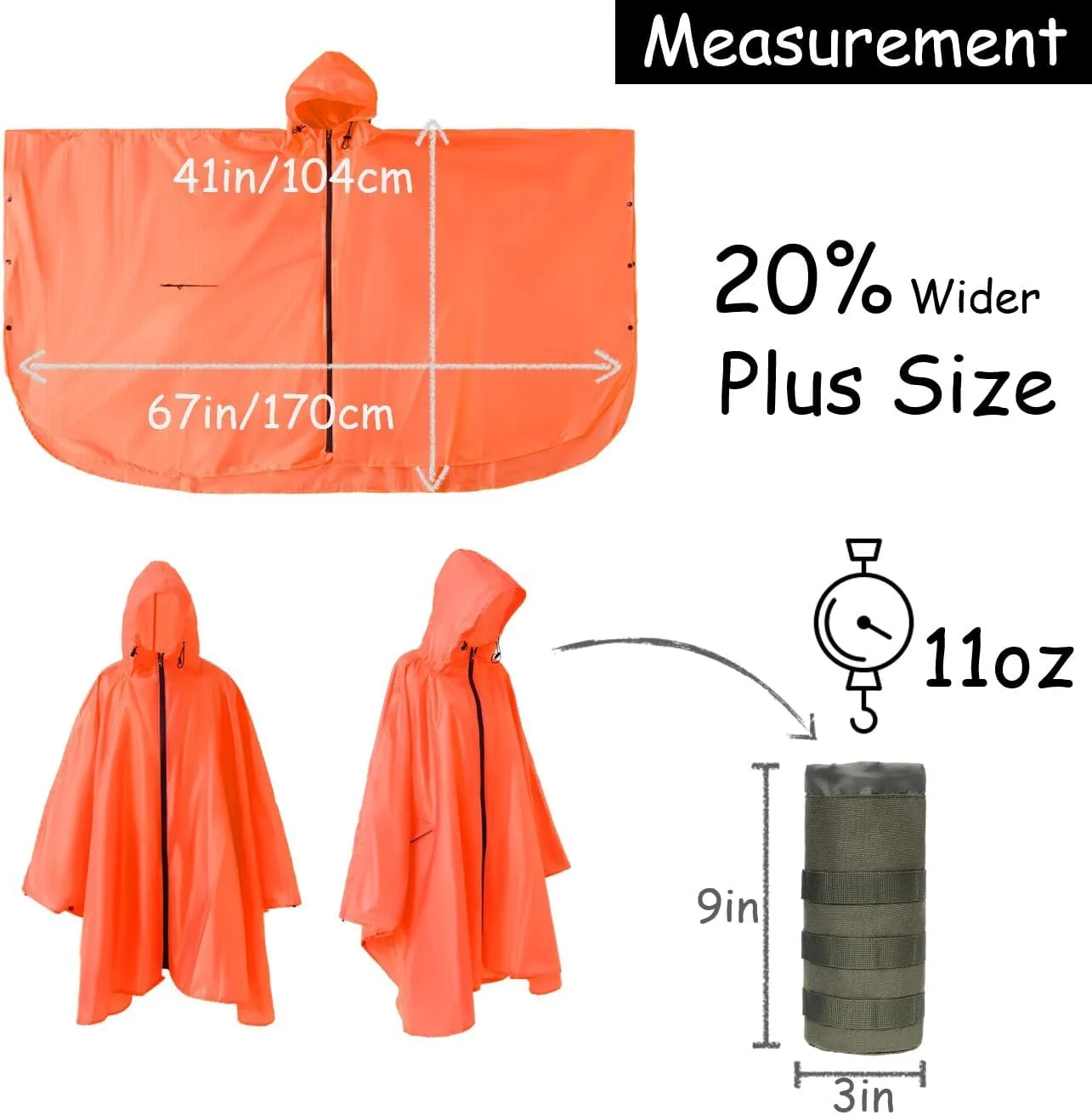 Plus Size Adult Rain Poncho with Hood and Zipper, Poncho Para Lluvia, Tactical Ponchos Adult For Camping, Hiking