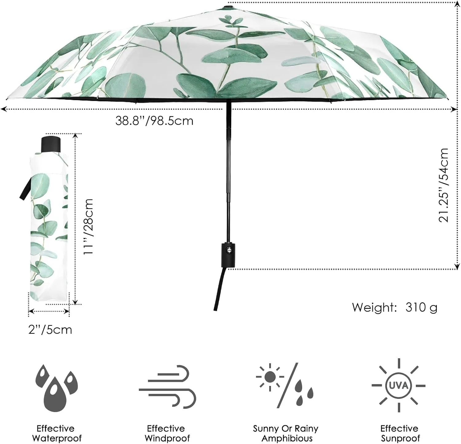 Poeticcity Automatic Folding Umbrella, Auto Open/Close Anti-UV 3 Folds Parasol, Compact Windproof Strong Umbrellas for Travel Sun & Rain