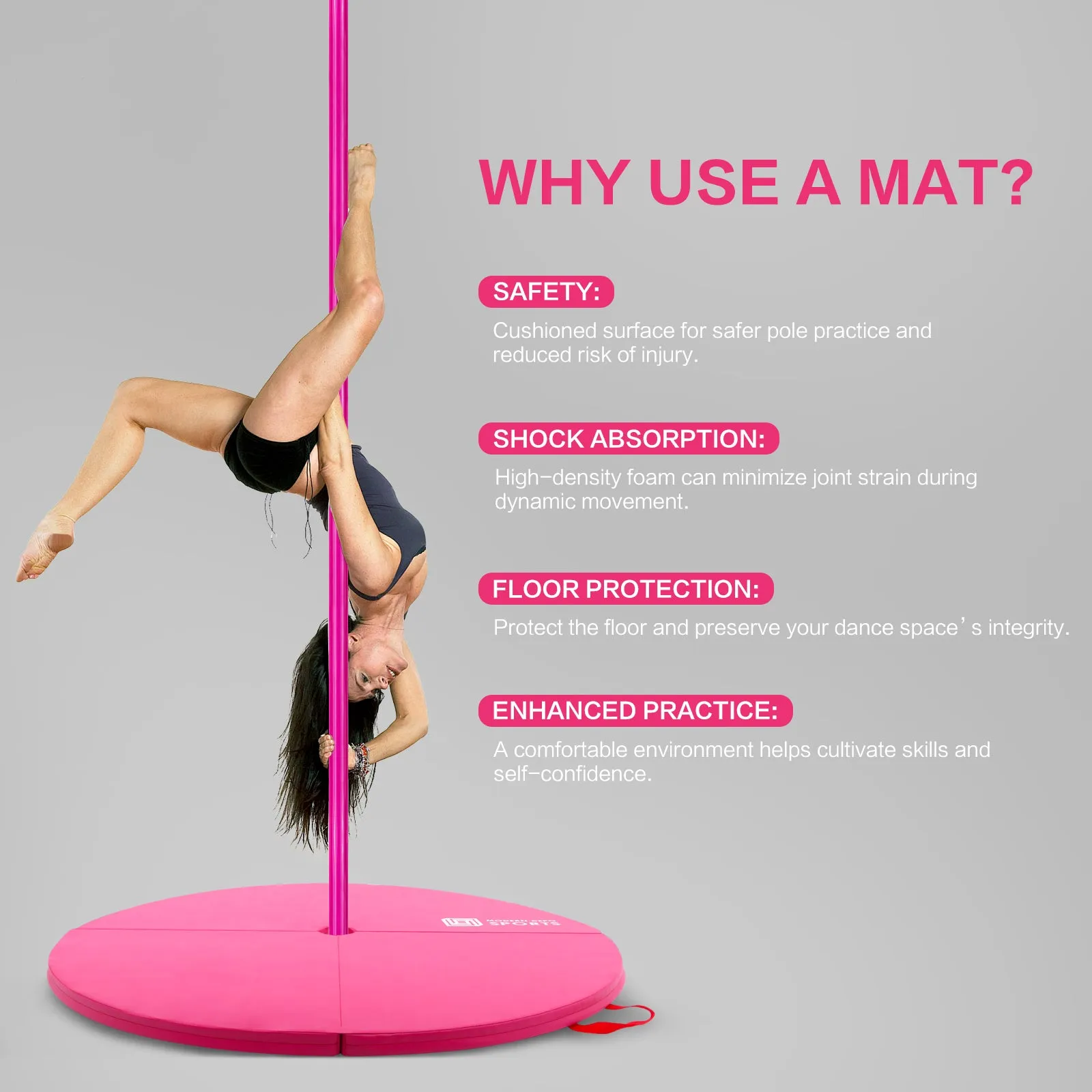 Pole Dance Mat Foldable Pole Crash Mats EPE Foam Round Padding Waterproof PU Cover Protective Fall Safety Cushion Lightweight for Home, Gym, Yoga Exercise