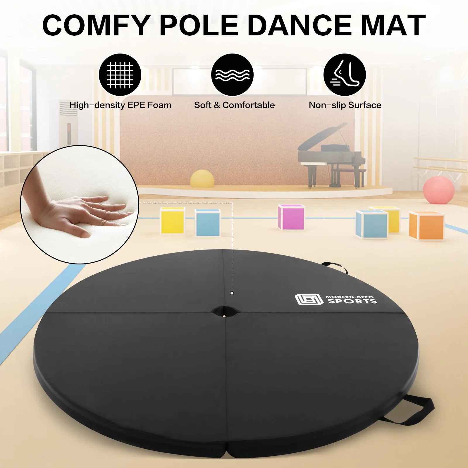 Pole Dance Mat Foldable Pole Crash Mats EPE Foam Round Padding Waterproof PU Cover Protective Fall Safety Cushion Lightweight for Home, Gym, Yoga Exercise