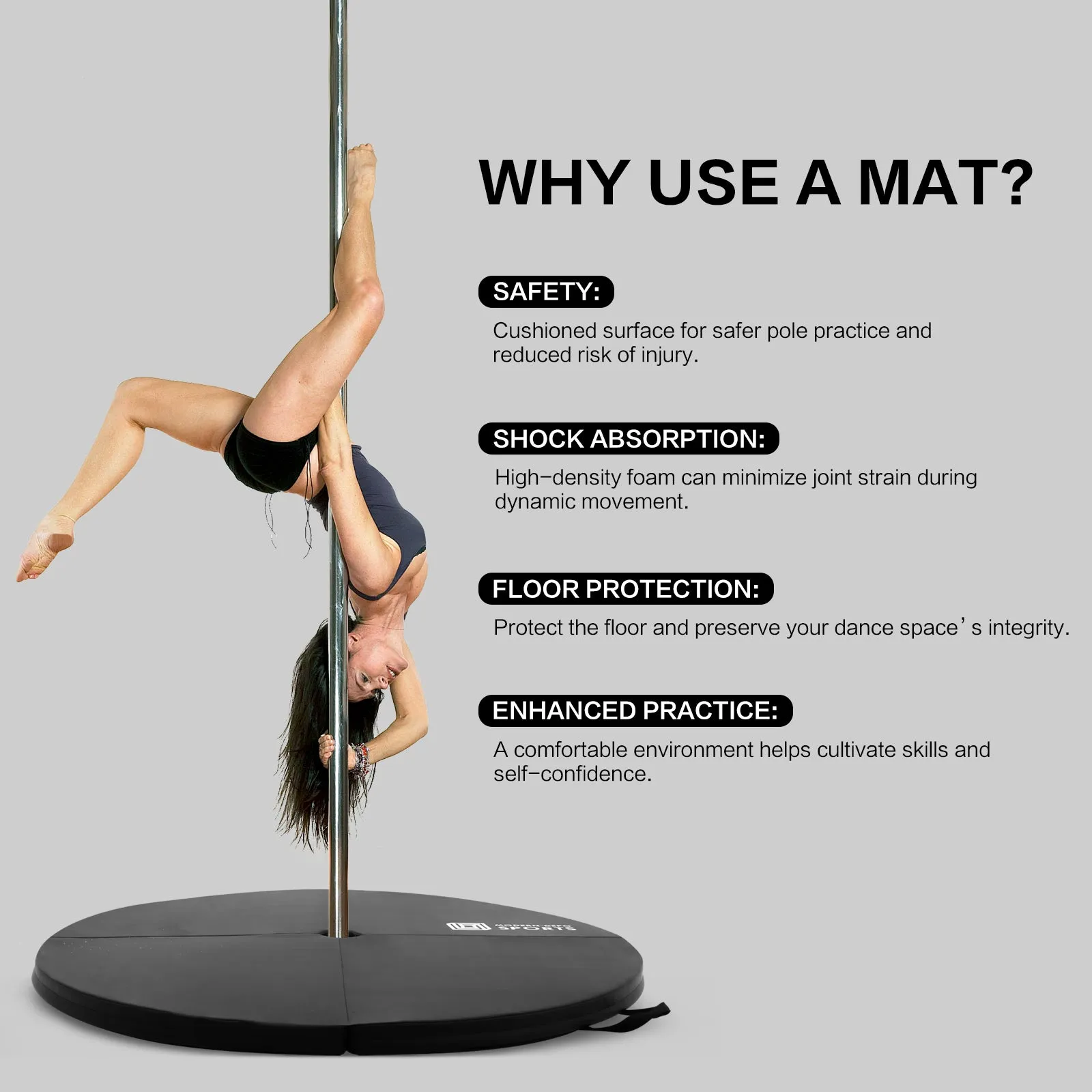 Pole Dance Mat Foldable Pole Crash Mats EPE Foam Round Padding Waterproof PU Cover Protective Fall Safety Cushion Lightweight for Home, Gym, Yoga Exercise