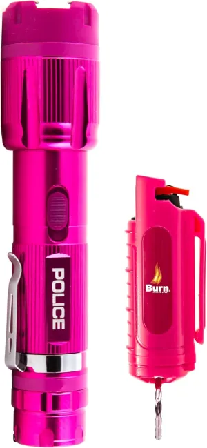 Police Stun Gun Flashlight Burn Pepper Spray Self Defense Combo - 1159 Pink