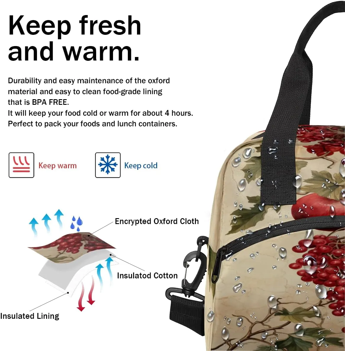 Pomegranate Printed Lunch Bag for Women Men Reusable Insulated Lunch Box with Adjustable Shoulder Strap Portable Cooler Tote Bag for Office Work Picnic Travel