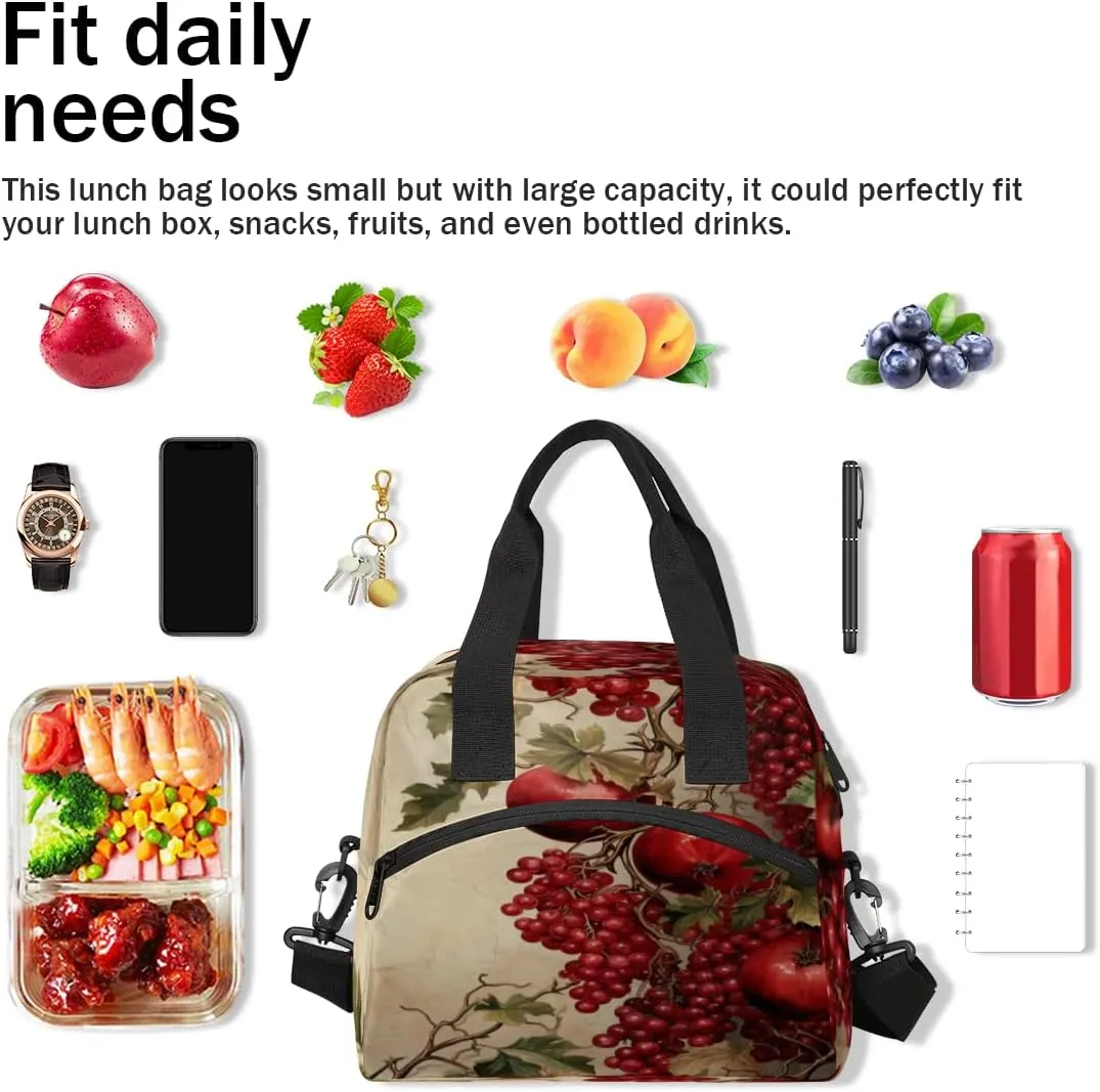 Pomegranate Printed Lunch Bag for Women Men Reusable Insulated Lunch Box with Adjustable Shoulder Strap Portable Cooler Tote Bag for Office Work Picnic Travel