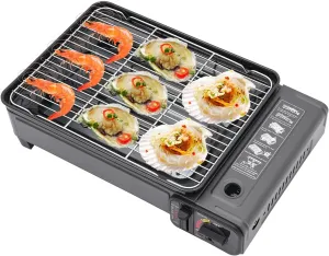 Portable Butane Camping Stove BBQ Grill Outdoor Stove Burner,inclu.Grilling Net & Baking Sheet,Precise Heat Control,Dual Fuel Butane and LPG Portable Grill Stove for Outdoor Camping Picnic