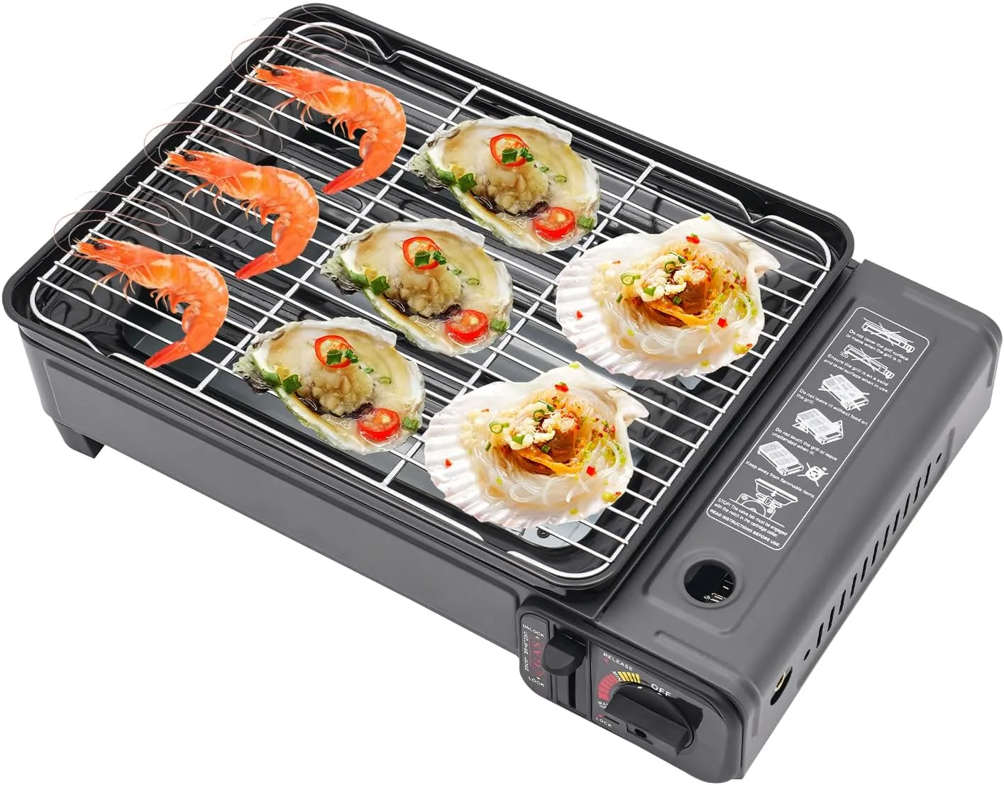 Portable Butane Camping Stove BBQ Grill Outdoor Stove Burner,inclu.Grilling Net & Baking Sheet,Precise Heat Control,Dual Fuel Butane and LPG Portable Grill Stove for Outdoor Camping Picnic
