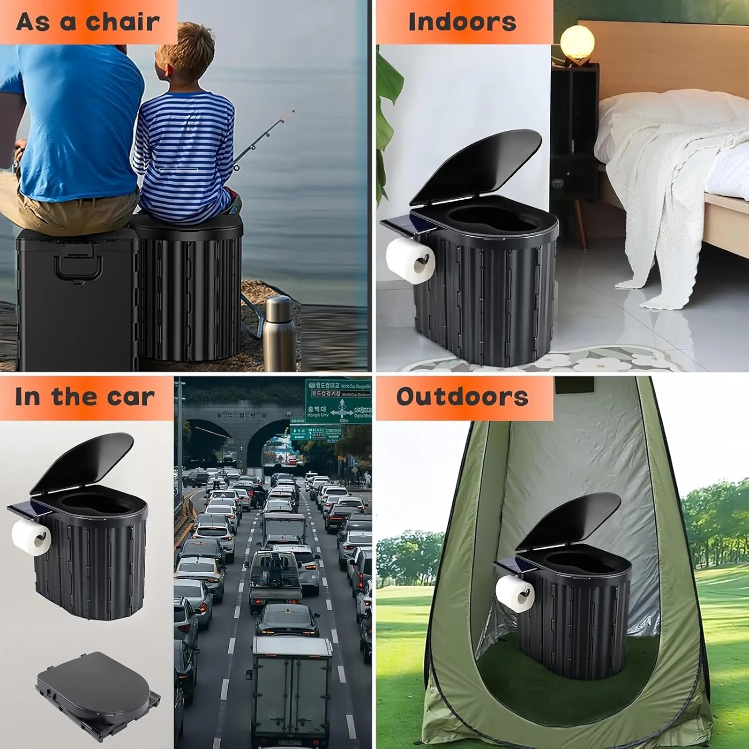 Portable Camping Toilet for Adults, Outdoor Toilet for Camping Toilets Portable Potty With Cushion, Emergency Travel Toilets for Car, RV, Tent, Hiking, Beach, Truck Driver