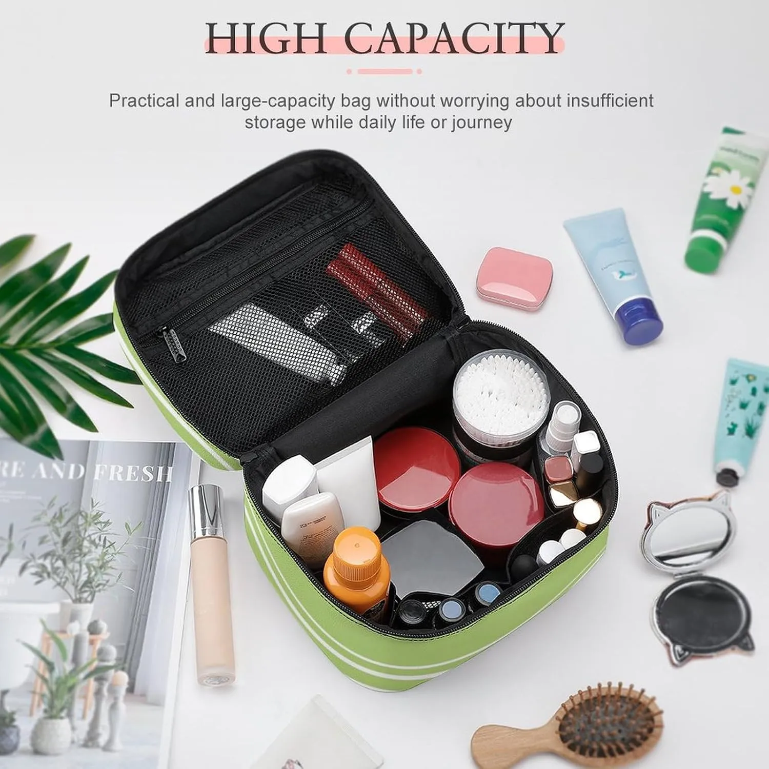 Portable Make Bag, Lime Green Stripes Cosmetic Case Portable Cosmetic Portable Organizer for Men & Women