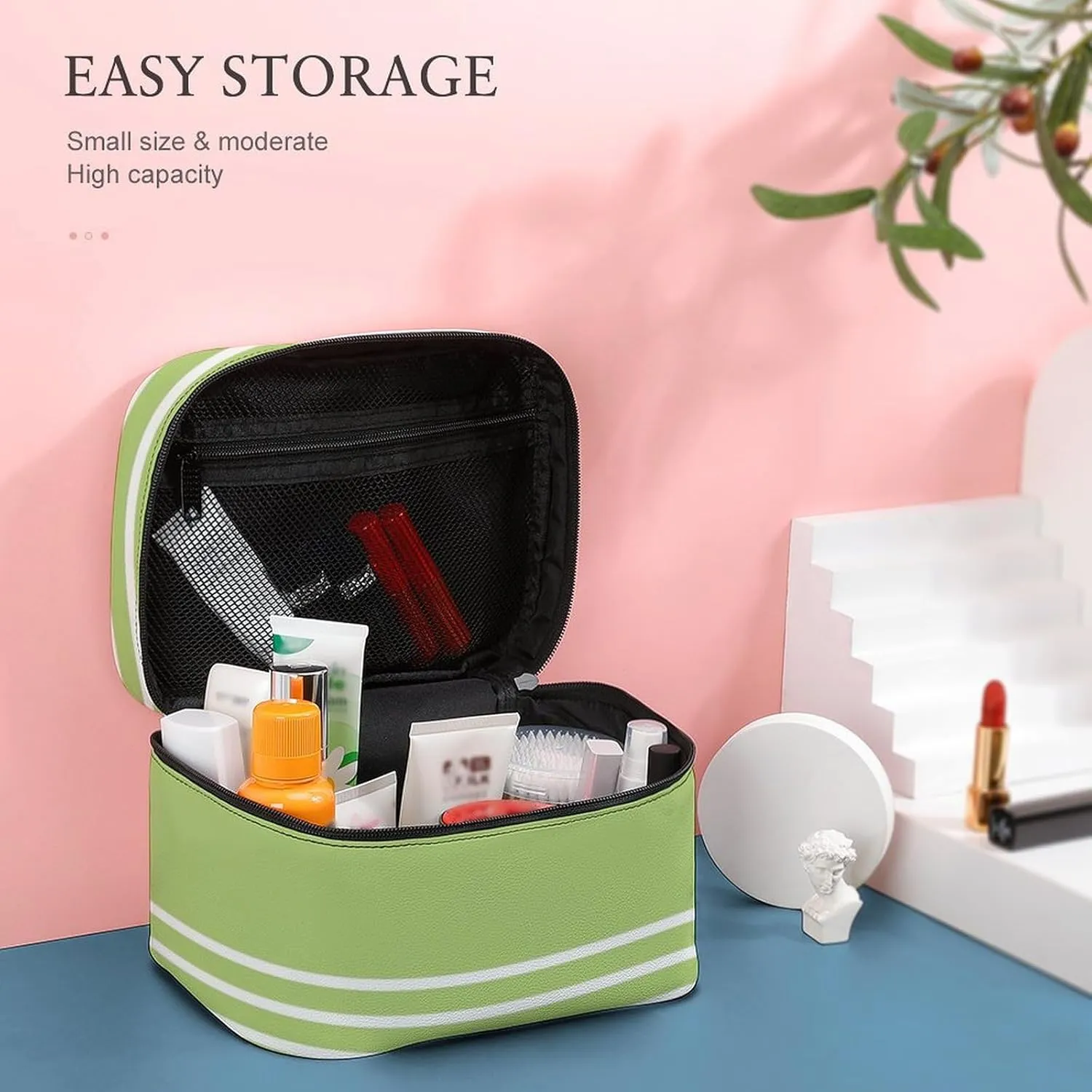 Portable Make Bag, Lime Green Stripes Cosmetic Case Portable Cosmetic Portable Organizer for Men & Women