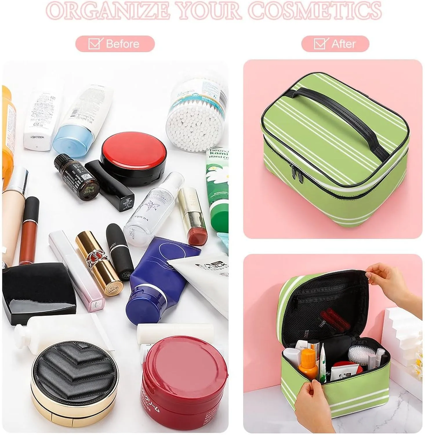 Portable Make Bag, Lime Green Stripes Cosmetic Case Portable Cosmetic Portable Organizer for Men & Women