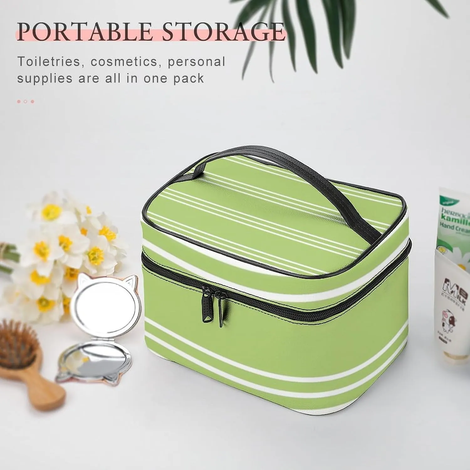 Portable Make Bag, Lime Green Stripes Cosmetic Case Portable Cosmetic Portable Organizer for Men & Women