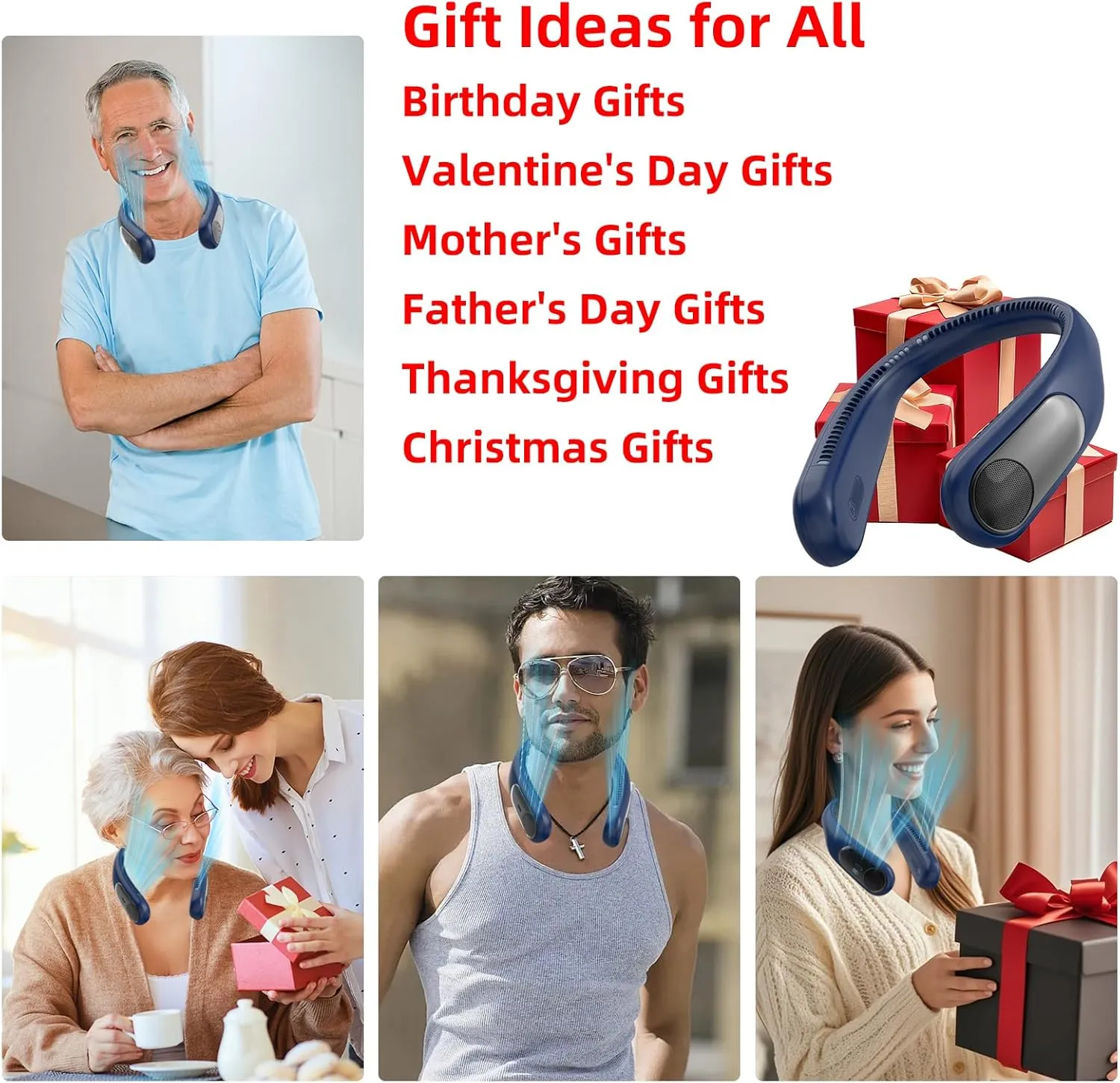 Portable Neck Fan,Personal Hands Free Bladeless Fan,360° Strong Cooling Fan,LED Display, 4-Speeds,6000mAh USB Rechargeable,Long Use Time,Wearable Fan,Gifts for Men Women Dad Mom (Blue)