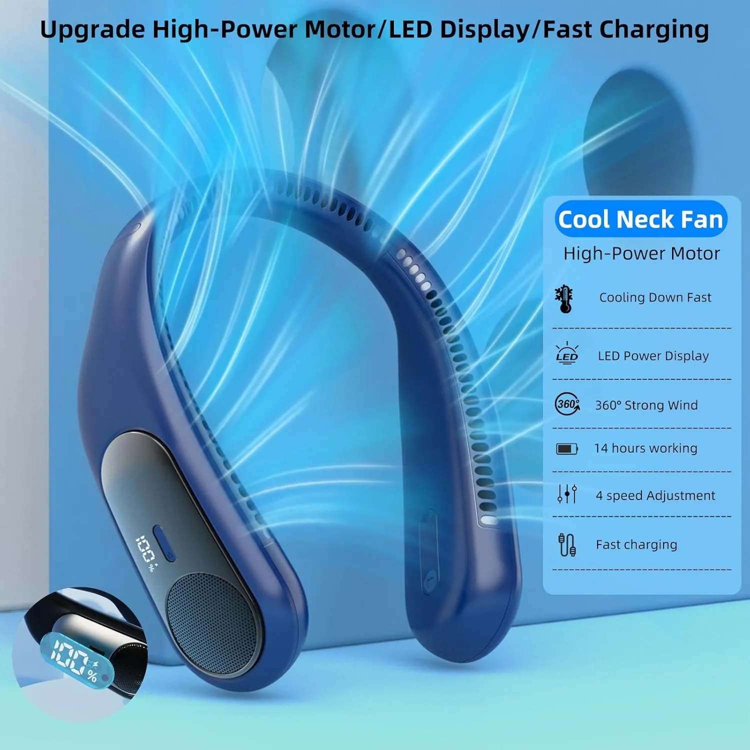 Portable Neck Fan,Personal Hands Free Bladeless Fan,360° Strong Cooling Fan,LED Display, 4-Speeds,6000mAh USB Rechargeable,Long Use Time,Wearable Fan,Gifts for Men Women Dad Mom (Blue)