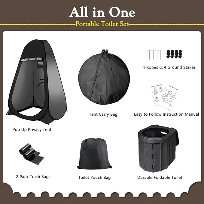 Portable Outdoor Toilet Kit for Adults,Pop Up Privacy Tent,Camping Folding Toilet,30 Toilet Bags,Washable Foldable for Travel,RV,Car,Beach,Hiking