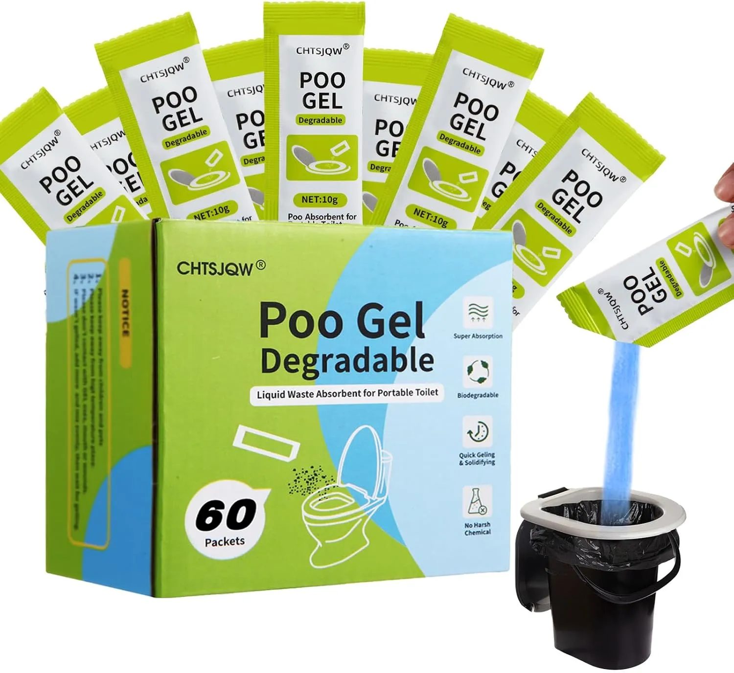 Portable Toilet Powder, Eco Absorbent Gel Liquid Waste Gelling and Deodorizing, Poo Urine Powder for Emergency Toilet Waste Treatment, Camping Outdoor Hiking