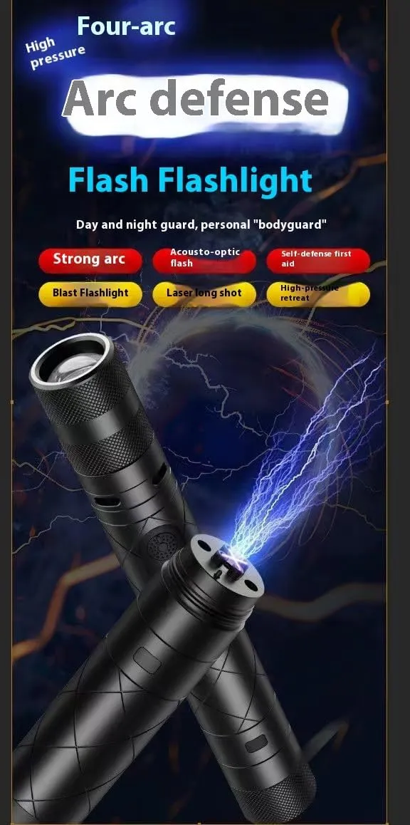 poyoelf Portable 3 in 1 LED Flashlight with Arc Lighter and Alarm Warning,Rechargeable Self-Defense Flashlight Tactical Flashlight for Travel,Camping,Emergency,Gifts for Men&Women (Black1)