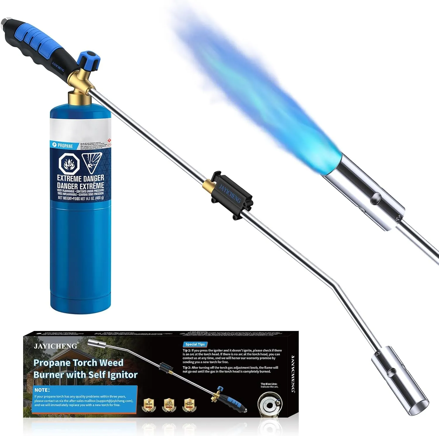 Propane Torch Weed Burner, 120,000 BTU Heavy Duty Blow Torch with 32" Long Arm, Self-Igniting Flame Thrower for Weeding, Ice Melting, Roofing