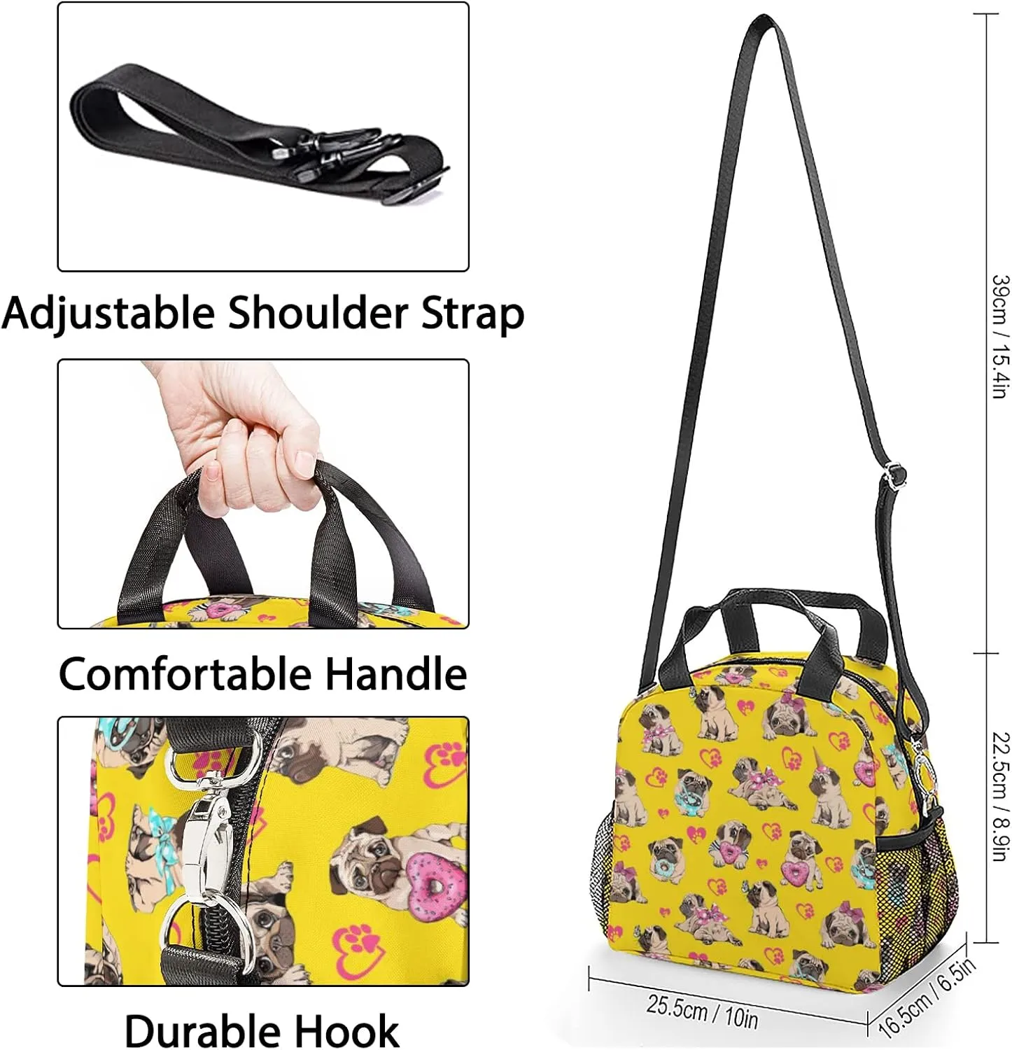 Pug Lunch Bag, Reusable Insulated Lunch Box Donut Meal Tote for Kids Women Men Cooler Bag with Shoulder Strap, Durability of Lunch Tote for Work School Picnic, Donut Pug…
