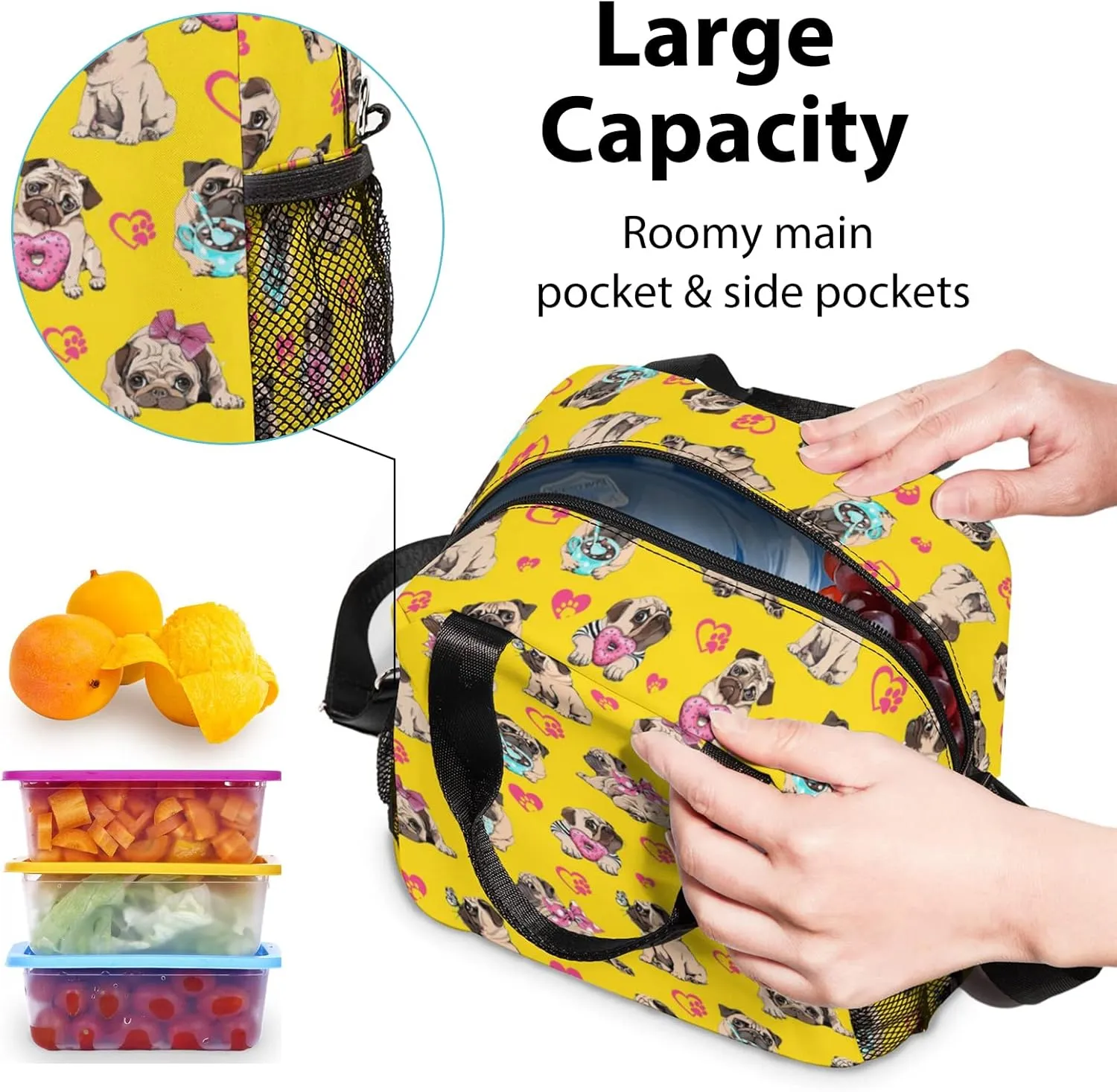 Pug Lunch Bag, Reusable Insulated Lunch Box Donut Meal Tote for Kids Women Men Cooler Bag with Shoulder Strap, Durability of Lunch Tote for Work School Picnic, Donut Pug…