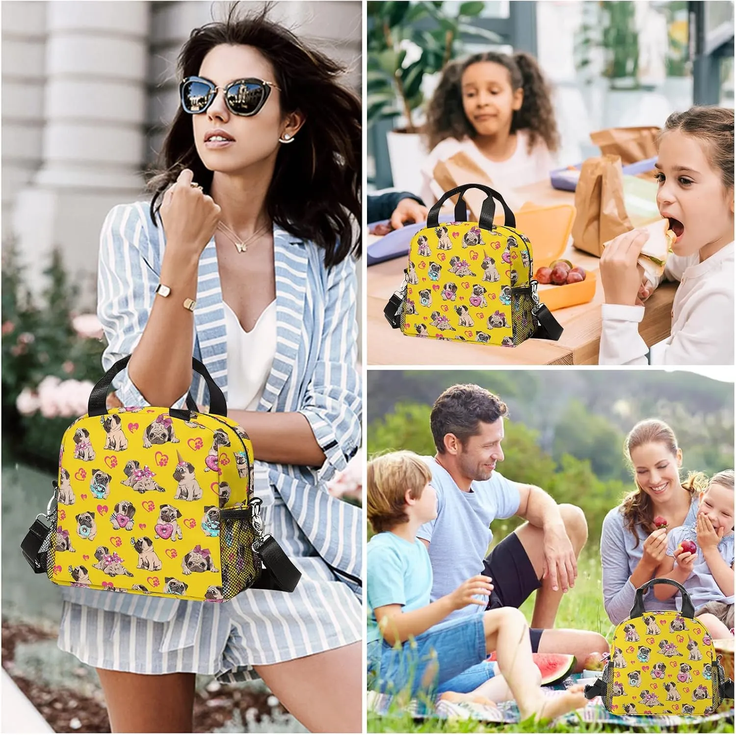 Pug Lunch Bag, Reusable Insulated Lunch Box Donut Meal Tote for Kids Women Men Cooler Bag with Shoulder Strap, Durability of Lunch Tote for Work School Picnic, Donut Pug…