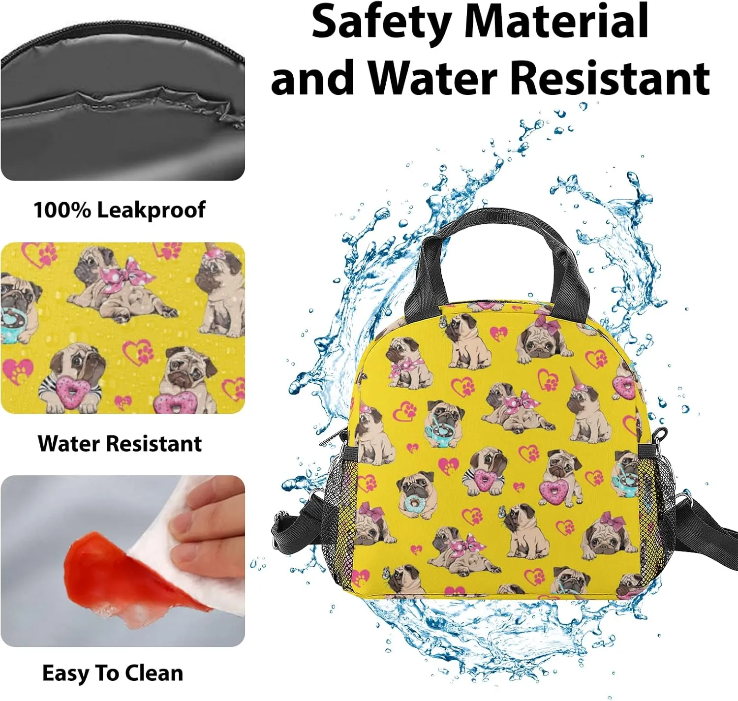 Pug Lunch Bag, Reusable Insulated Lunch Box Donut Meal Tote for Kids Women Men Cooler Bag with Shoulder Strap, Durability of Lunch Tote for Work School Picnic, Donut Pug…