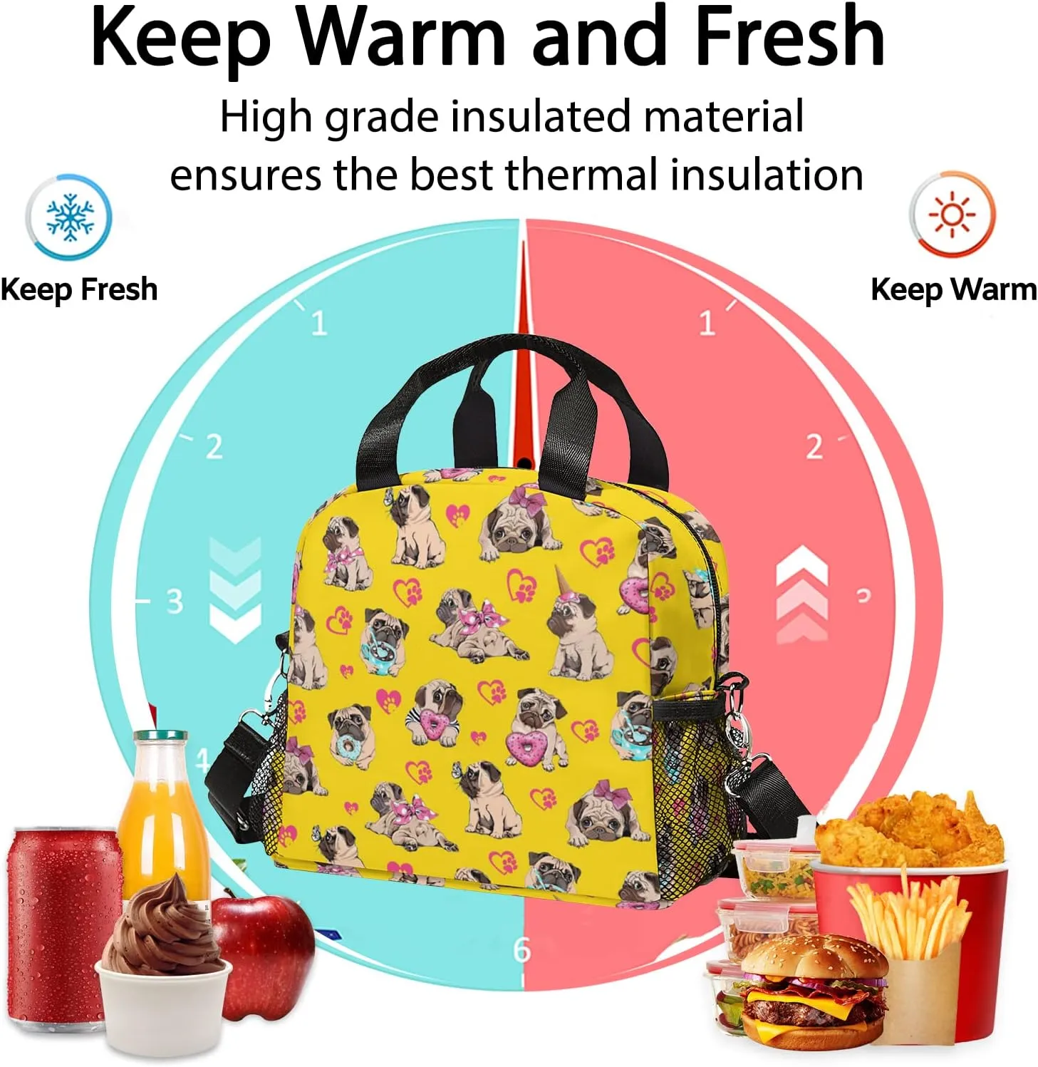 Pug Lunch Bag, Reusable Insulated Lunch Box Donut Meal Tote for Kids Women Men Cooler Bag with Shoulder Strap, Durability of Lunch Tote for Work School Picnic, Donut Pug…