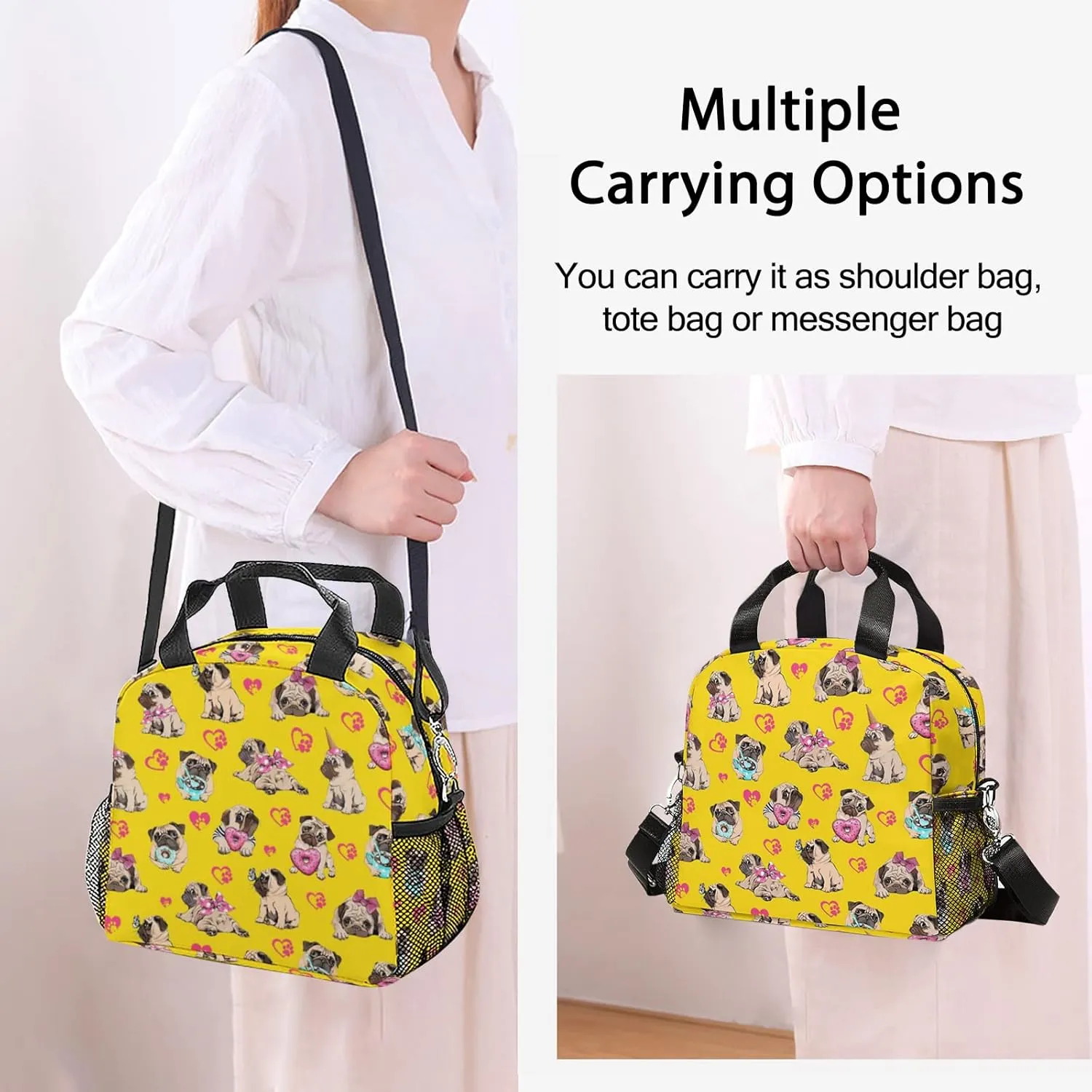 Pug Lunch Bag, Reusable Insulated Lunch Box Donut Meal Tote for Kids Women Men Cooler Bag with Shoulder Strap, Durability of Lunch Tote for Work School Picnic, Donut Pug…