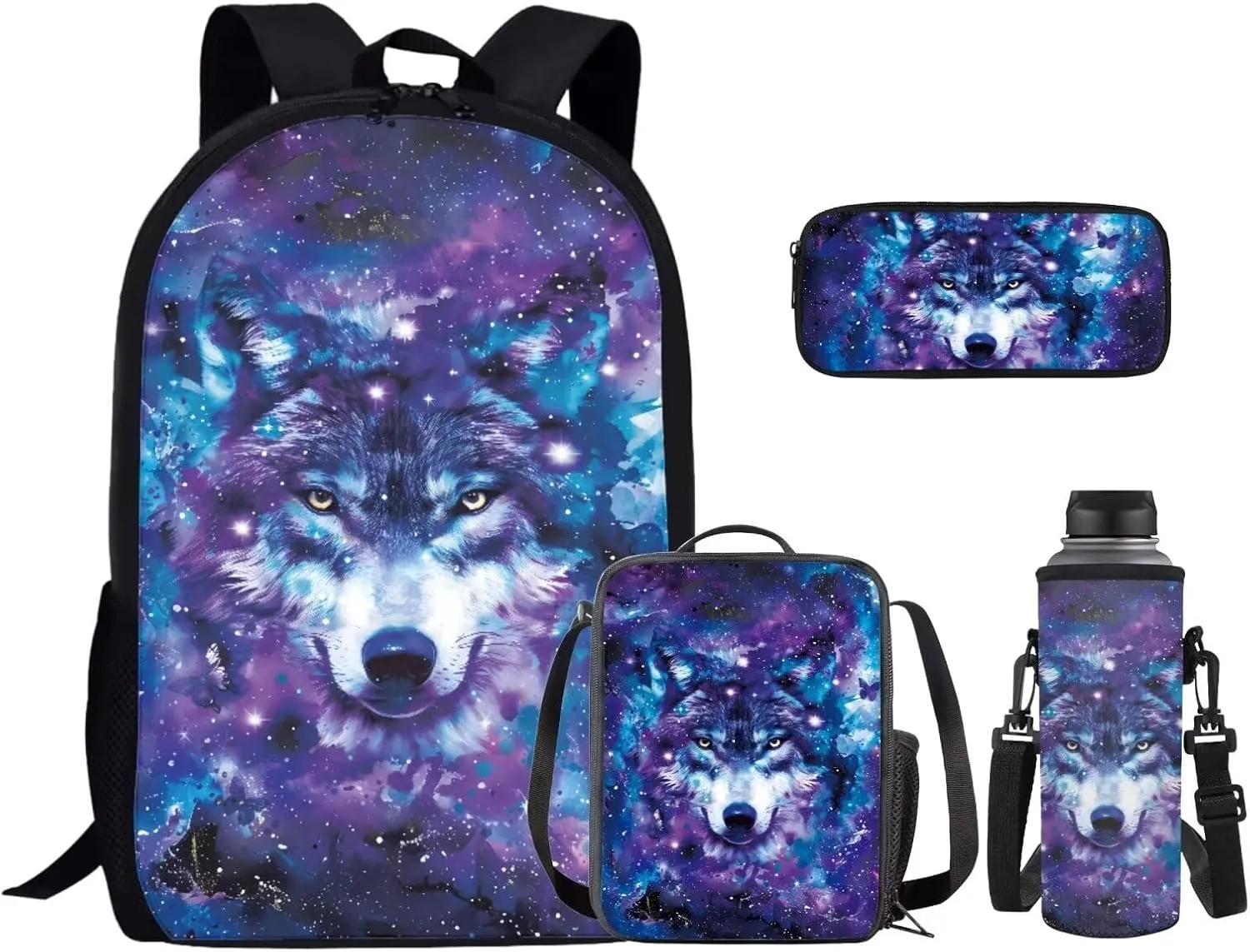 Purple Wolf 6Th Grade Backpack for Boys 17 Inch Backpack and Lunch Bag Pencil Case Water Bottle Sleeve Set for Boys Ideal for Students Go To School Extracurricular Activities
