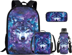 Purple Wolf 6Th Grade Backpack for Boys 17 Inch Backpack and Lunch Bag Pencil Case Water Bottle Sleeve Set for Boys Ideal for Students Go To School Extracurricular Activities