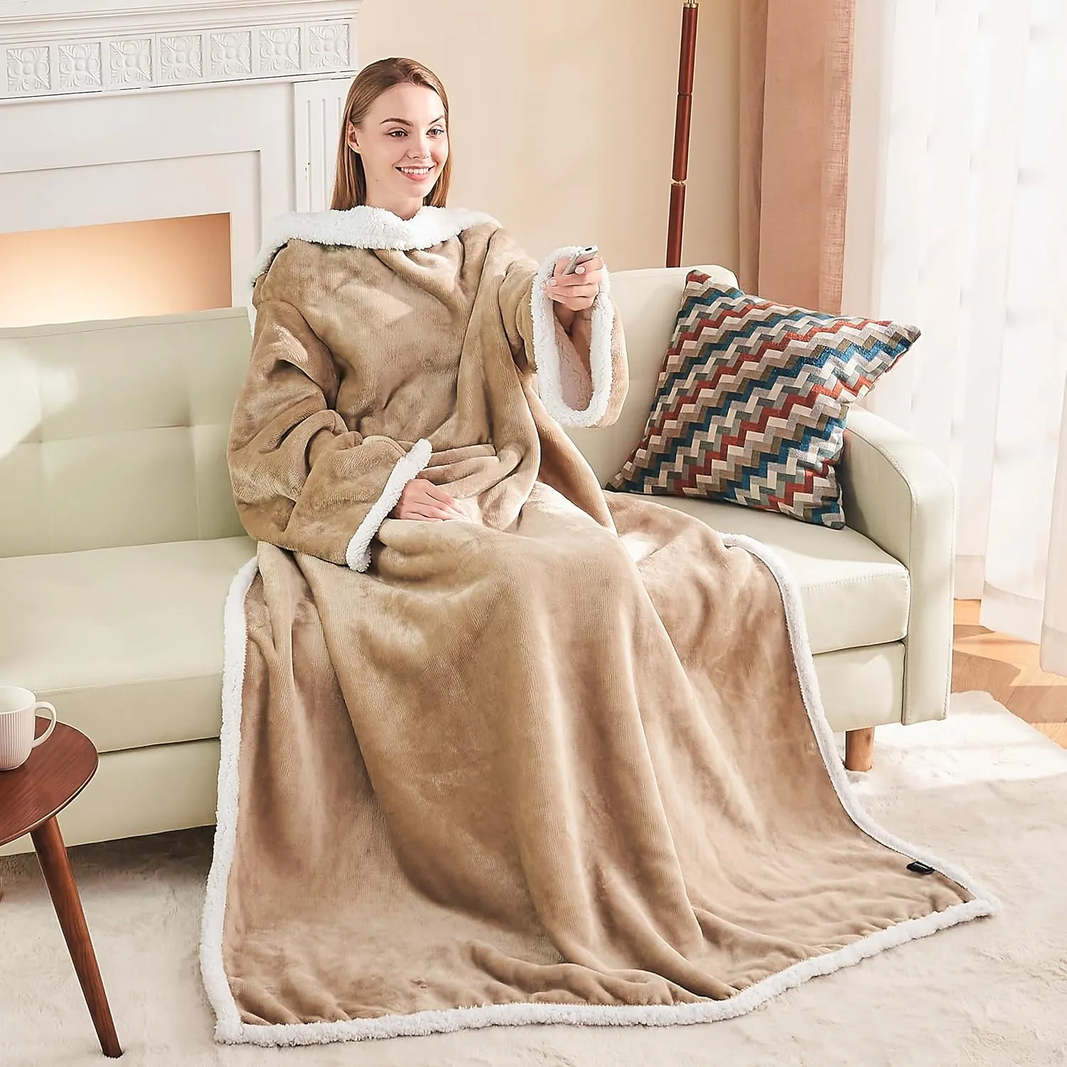 Ramees Sherpa Wearable Blanket with Sleeves and Pockets, Soft Warm TV Blanket Throw for Men and Women