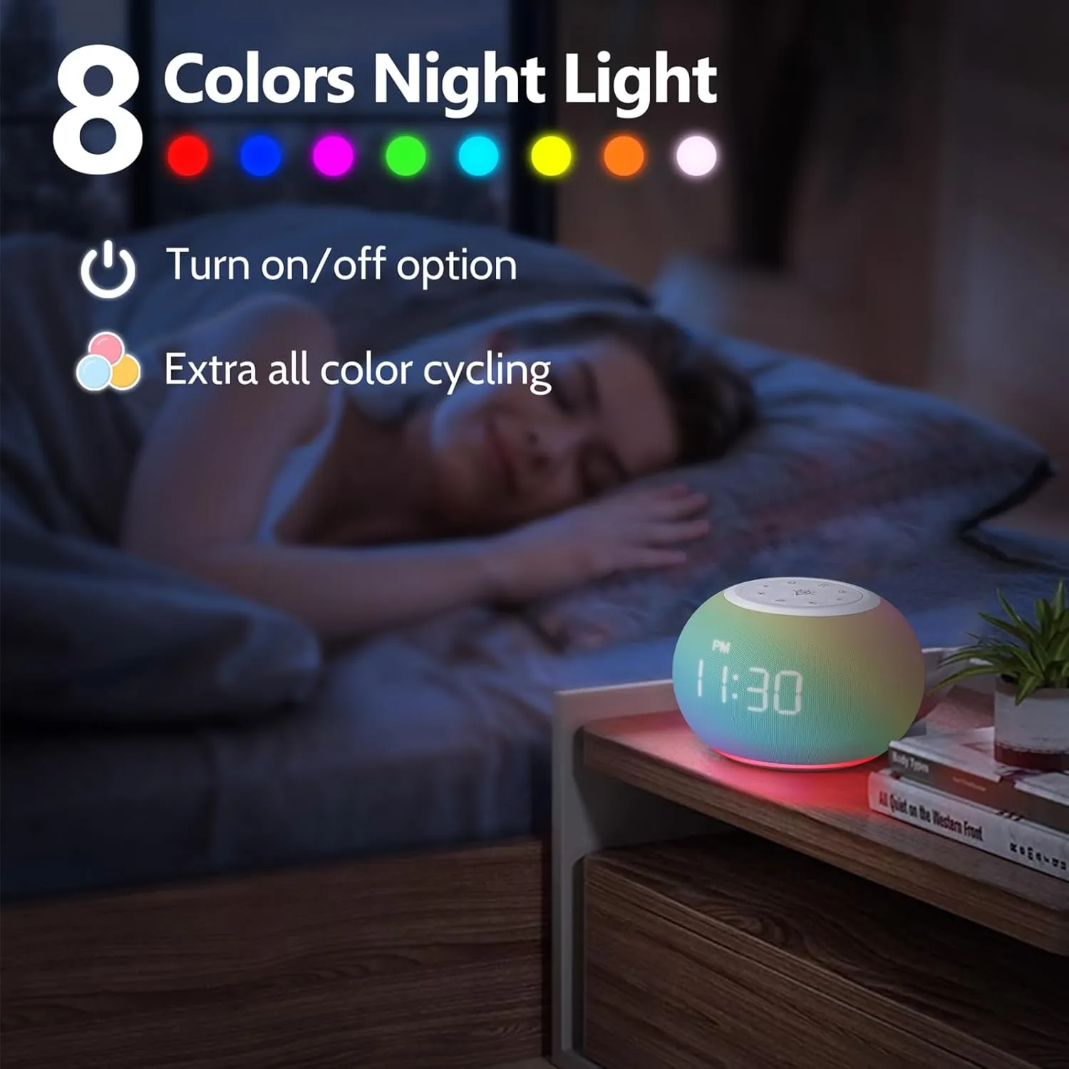Reacher Auto-Dimmable Alarm Clock Sound Machine with Night Light, 20 Soothing Sounds, Auto-Off Sleep Timer, Precise 30-Level Volume, Small White Noise Machine for Adults, Bedrooms