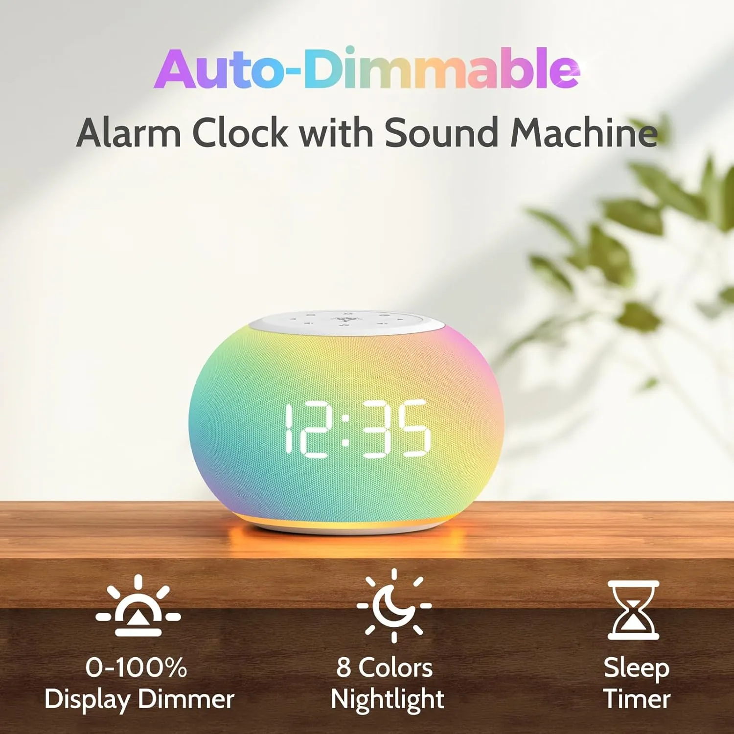 Reacher Auto-Dimmable Alarm Clock Sound Machine with Night Light, 20 Soothing Sounds, Auto-Off Sleep Timer, Precise 30-Level Volume, Small White Noise Machine for Adults, Bedrooms
