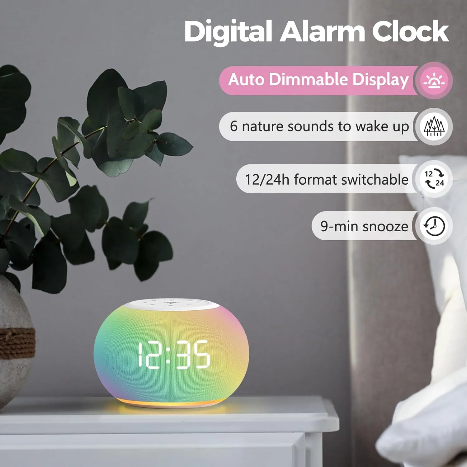 Reacher Auto-Dimmable Alarm Clock Sound Machine with Night Light, 20 Soothing Sounds, Auto-Off Sleep Timer, Precise 30-Level Volume, Small White Noise Machine for Adults, Bedrooms