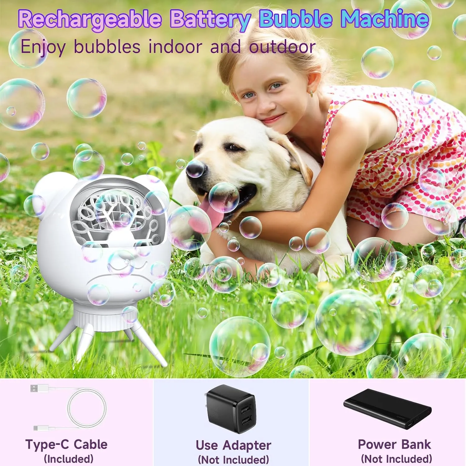 Rechargeable Bubble Machine for Kids & Parties, 38000  Bubbles/Min, 90°/180° Auto-Rotating Bubble Makers 500ML Portable Bubble Blower with 2 Speed Modes for Weddings, Birthdays, Outdoor/Indoor, White