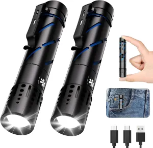 Rechargeable Flashlight with Long Beam and Belt Clip Small Flashlight with 5 Modes Zoomable Waterproof Adjustable Brightness High Lumens Powerful Handheld Flashlight for Outdoor Emergency Camping