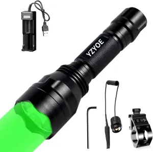 Rechargeable Green Light Tactical Flashlight，500 Yards Green LED Light kit, Universal Picatinny Rail Mount with Pressure Switch for Long Distance Night Observation.