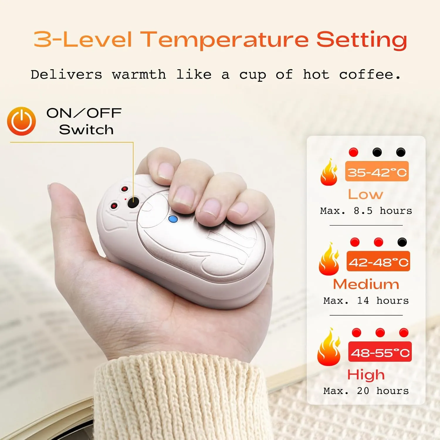 Rechargeable Hand Warmers 2 Pack, 6000mAh, 20Hrs Long Lasting, 3 Heat Levels, Portable Electric Hand Warmers for Men Women, Ideal for Outdoor Activities, Hunting, Golf, Camping, Winter Gift