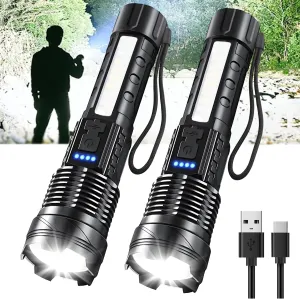 Rechargeable LED Flashlights, 990,000 Lumens Super Bright Handheld Flashlight, 7 Modes with COB Work Light, IPX6 Waterproof, Adjustable Tactical Flash Light for Home,Camping and Emergencies-2 Pack