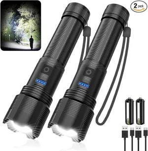 Rechargeable LED Flashlights,3500 High Lmens Super Bright LED Tactical Flashlight with Power Display,IPX6 Waterpoof,Zoomable 5 Modes,Powerful Handheld Flashlight for Camping 2 Pack