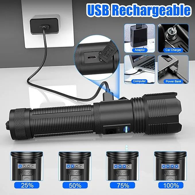 Rechargeable LED Flashlights,3500 High Lmens Super Bright LED Tactical Flashlight with Power Display,IPX6 Waterpoof,Zoomable 5 Modes,Powerful Handheld Flashlight for Camping 2 Pack