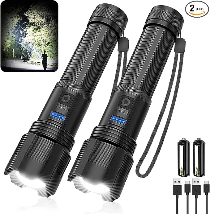Rechargeable LED Flashlights,3500 High Lmens Super Bright LED Tactical Flashlight with Power Display,IPX6 Waterpoof,Zoomable 5 Modes,Powerful Handheld Flashlight for Camping 2 Pack