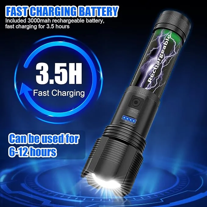 Rechargeable LED Flashlights,3500 High Lmens Super Bright LED Tactical Flashlight with Power Display,IPX6 Waterpoof,Zoomable 5 Modes,Powerful Handheld Flashlight for Camping 2 Pack