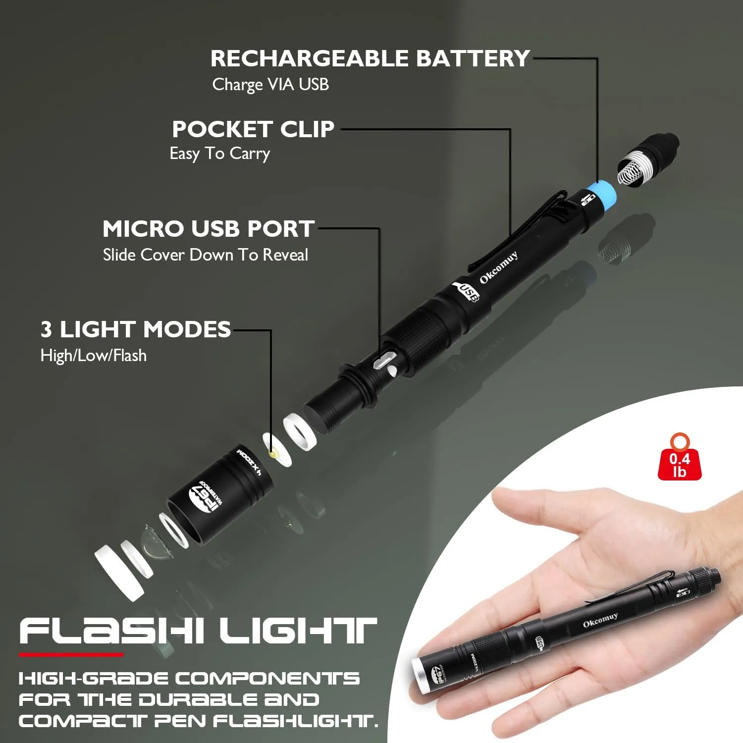 Rechargeable Pen Light Flashlight IP67 Waterproof with Pocket Clip 4-Zoomable, Prefect Pocket Flashlight for Inspection,Work,Repair (Black, 2 Pack)