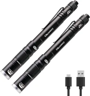 Rechargeable Pen Light Flashlight IP67 Waterproof with Pocket Clip 4-Zoomable, Prefect Pocket Flashlight for Inspection,Work,Repair (Black, 2 Pack)