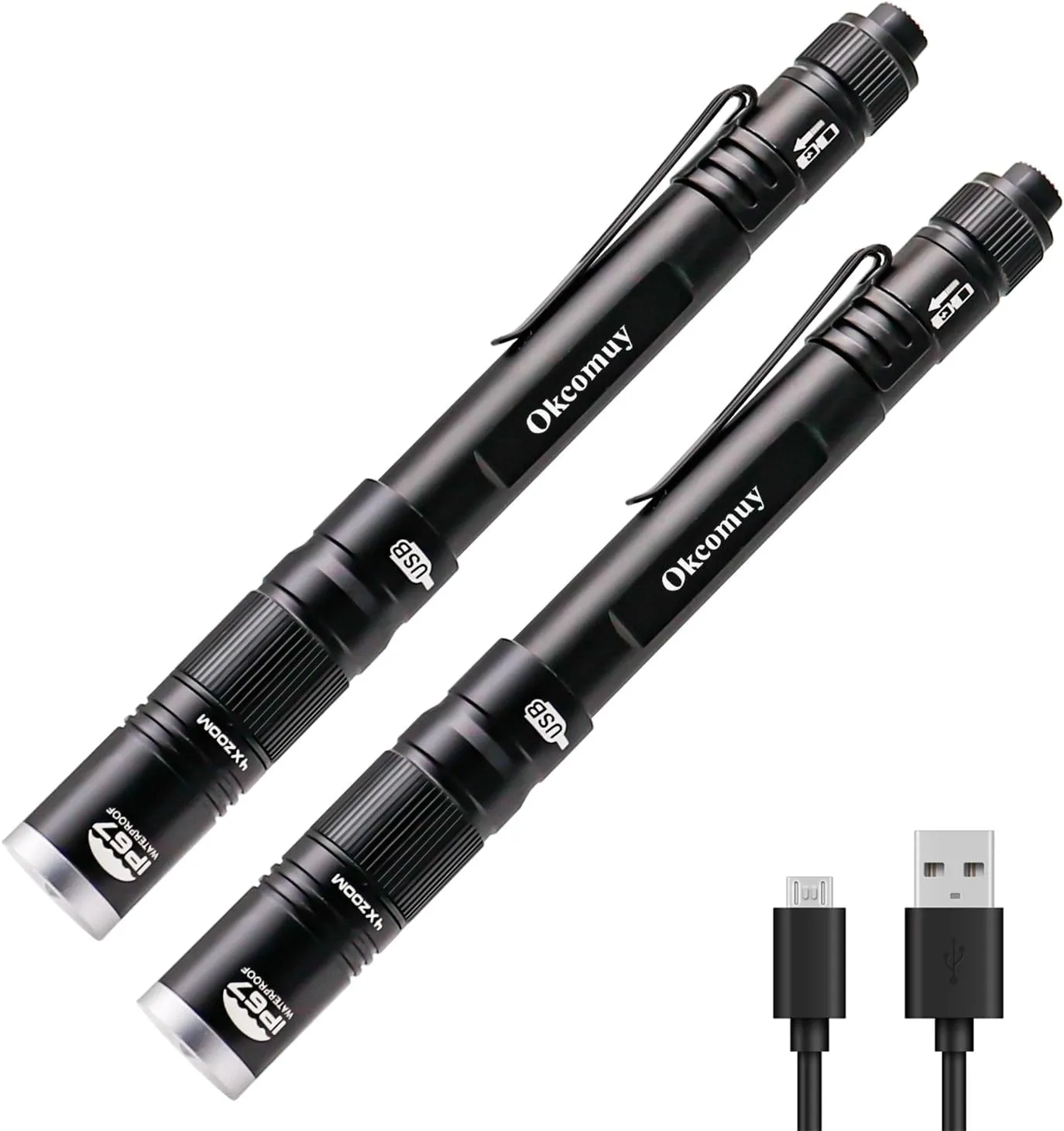 Rechargeable Pen Light Flashlight IP67 Waterproof with Pocket Clip 4-Zoomable, Prefect Pocket Flashlight for Inspection,Work,Repair (Black, 2 Pack)