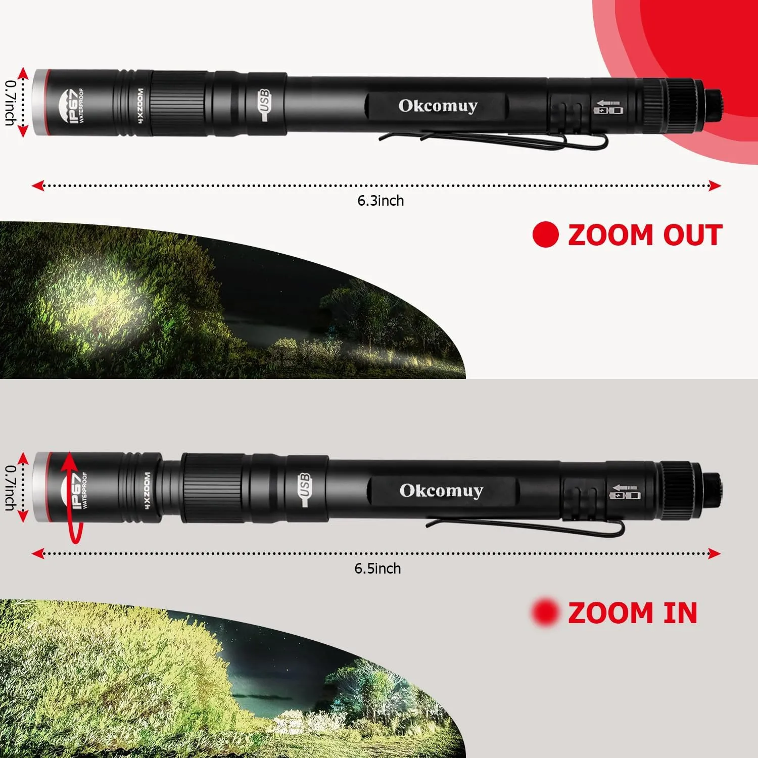 Rechargeable Pen Light Flashlight IP67 Waterproof with Pocket Clip 4-Zoomable, Prefect Pocket Flashlight for Inspection,Work,Repair (Black, 2 Pack)