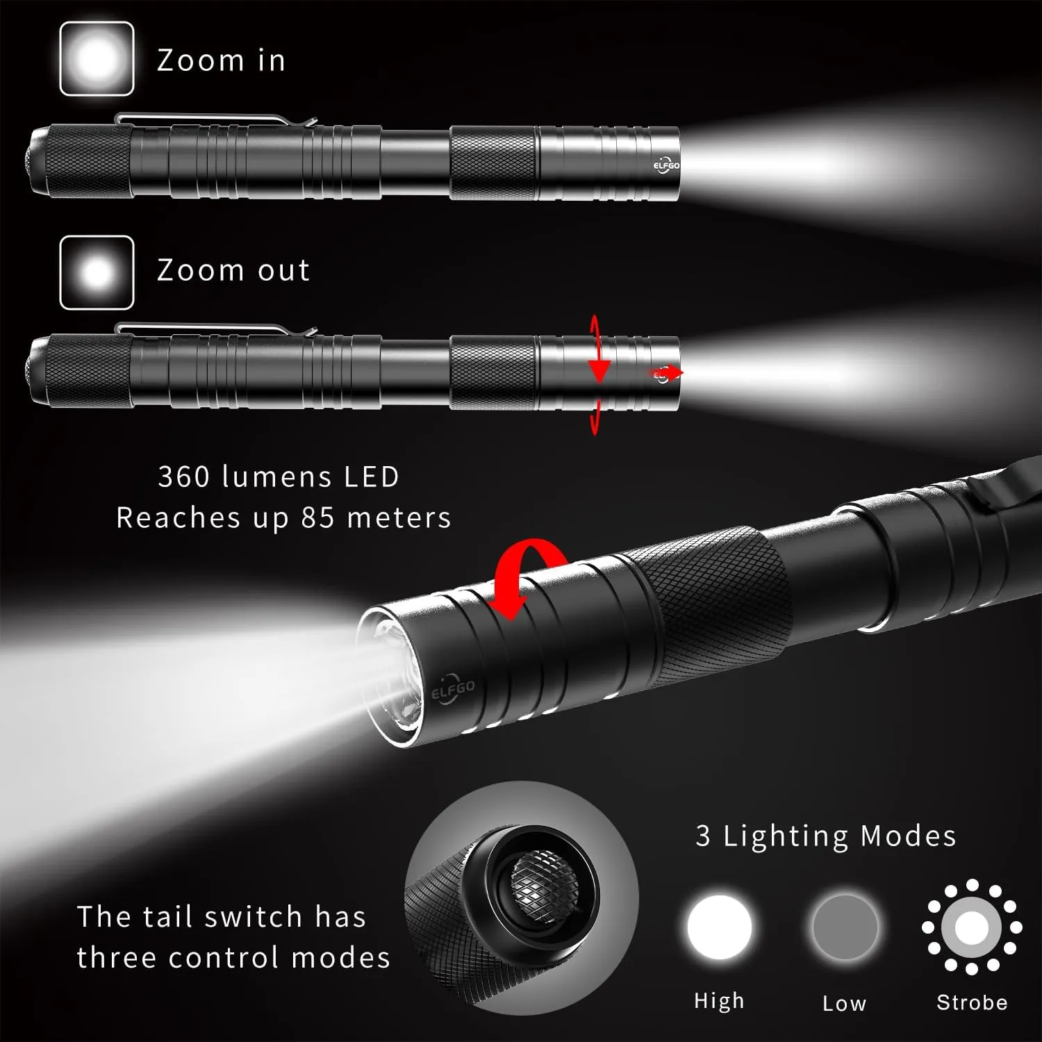 Rechargeable Pen Light, Zoomable Led Penlight Inspector Flashlight Pocket Flashlight with Clip Small Mini Handheld Slim Flashlight 360 Lumens LED for Nurse Medical Repair Engineer Doctor