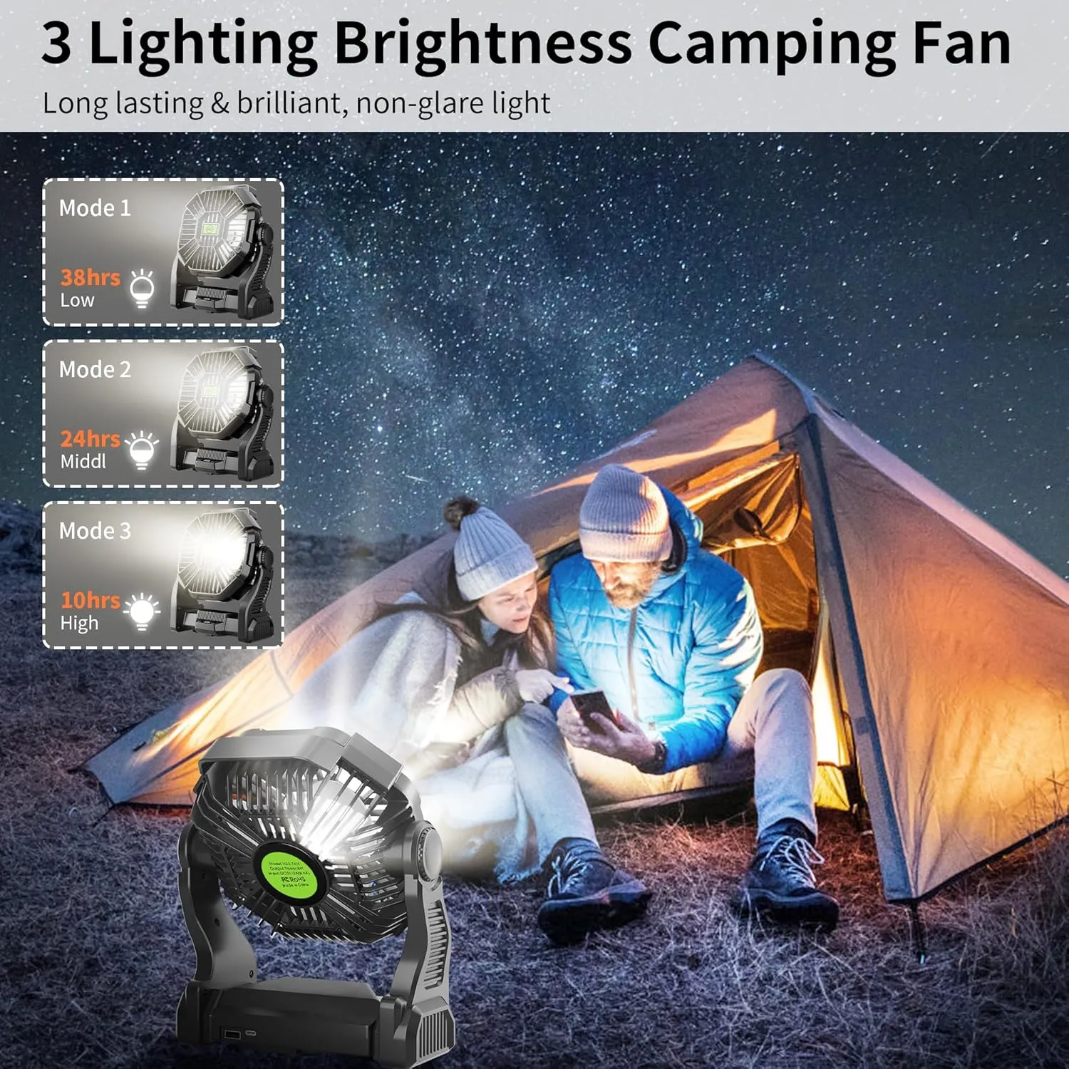 Rechargeable Portable Camping Fan for Tent with LED Light, 270°Pivot USB Personal Battery Powered Fan Outdoor Camping Essentials Battery Operated Portable for Travel X23 Black